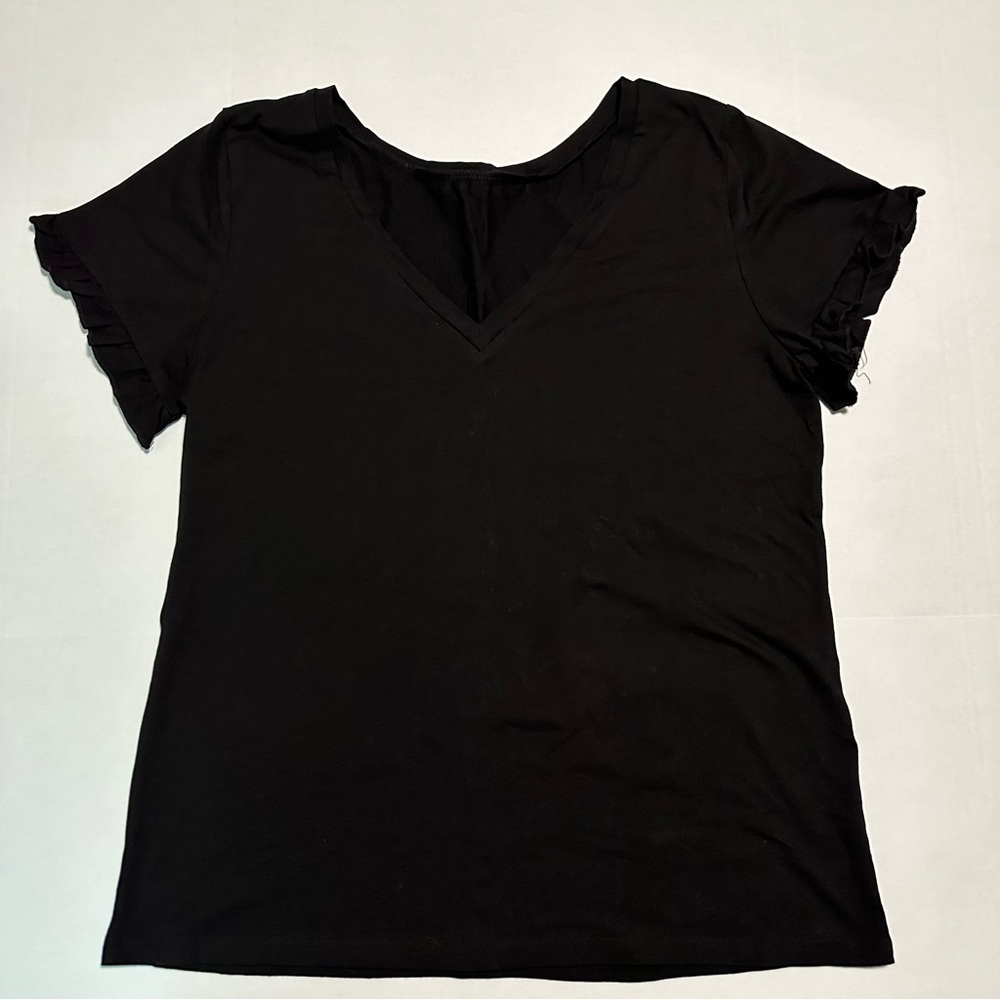 Black v-neck shirt with ruffle sleeves